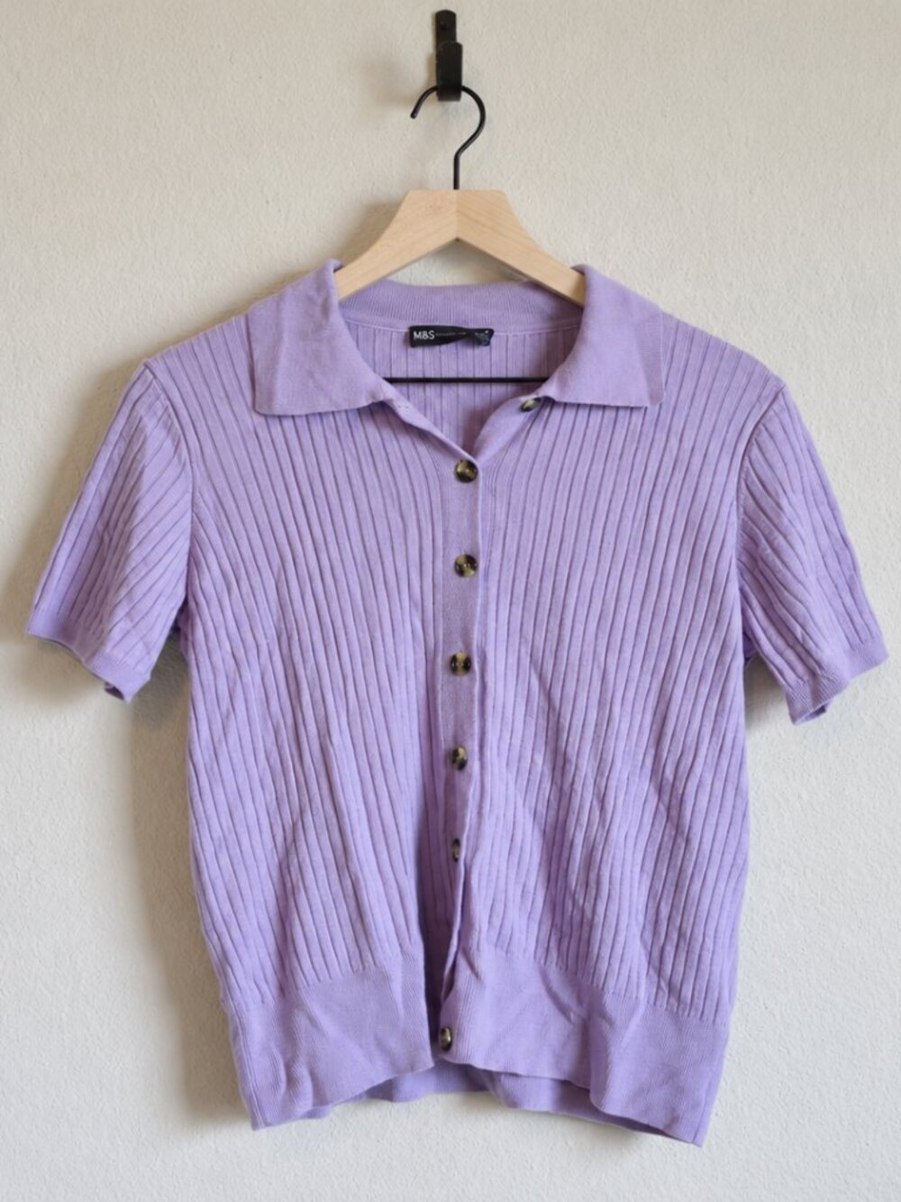 M&S Lavender Ribbed Knit Polo Cardigan Short Sleeve Preppy Size M